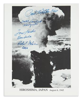 (WORLD WAR II--ENOLA GAY.) Two Photographs, each Signed by the pilot of the Enola Gay, one additionally Signed by three other crew memb